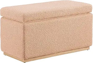Linon Lexington Tan Sherpa Upholstered Rectangular Storage Ottoman with Natural Wood Accent