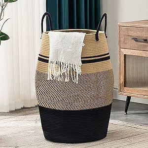 Jute Rope Laundry Hamper by YOUDENOVA, 105L - Woven Collapsible Laundry Basket - Clothes Storage Basket for Blankets organizing, Bedroom Storage, Clothes Hamper Brown & Black