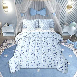 Erosebridal Blue Love Hearts Bowknot 7 Piece Bedding Set Twin | Ribbon Girly Kids Comforter Set with Sheets Cute Dreamy Bow Kawaii Bed in A Bag Adults Women Teens Bed Sets