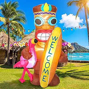 Shappy 5 Ft Inflatable Tiki Flamingo Luau Hawaiian Party Decorations Summer Inflatables Outdoor Tropical Aloha Decor LED Lighted Tiki Blow up Beach Pool Surfboard Yard Party Favors Supplies(Flamingo)