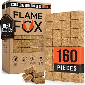 FlameFox Fire Starter Cubes 160 pcs - Quick Natural Fire Starters for Campfires, BBQ Grill, Fireplace, Fire Pit, Wood Stove, Charcoal & Kindling - Odorless, Waterproof, Long Burning Squares