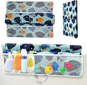 TubbieBuddies Bath Kneeler and Elbow Rest Pad Set Fish-Themed Baby Bath Cushion with 4 Large Mesh Storage Pockets Thick Non-Slip Foam, Suction Cups, & Foldable for Easy Storage