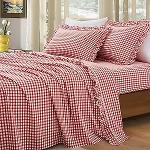 KKJIAF 4 Pieces Ruffle Gingham Sheets Set Queen Size, Red Plaid
