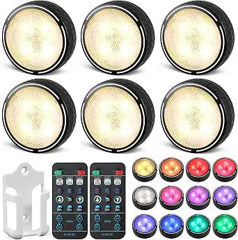 Puck Lights with Remote, AA Battery Operated, RGBCW, 6 Pack, Black