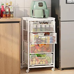 4-Tier Kitchen Storage Cart - Fruit Vegetable Storage Cart with Drawers, Wooden Top Metal Wire Kitchen Organizer and Storage Cart with Wheels to Storage Onions Potatoes Cans Snacks for Kitchen