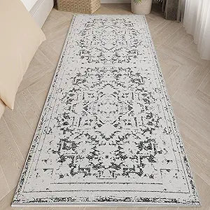 Vintage Runner Rug Non Slip for Hallway Bathroom Kitchen 2x6 ft, Ultra Soft Boho Carpet Runner with Low Pile Design Machine Washable Runner Rugs for Entryway Laundry Living Room (Black, 2'x6')