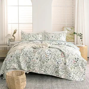 Floral Quilt King Set 3 Pieces Soft Microfiber Lightweight Bedspread King Quilt Bedding Set Garden Style Green Red Botanical Flowers Quilt Set for All Seasons 1 Quilt and 2 Pillow Shams