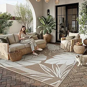 HUGEAR 9'x12' Outdoor Rug Waterproof Plastic Straw Rugs Large Brown Reversible Olive Leaf Mat Floor Carpet for Camping RV Deck Entryance Porch Picnic Balcony Beach Backyard