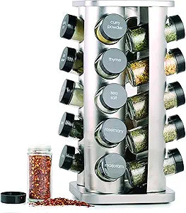 Orii 20 Jar Rotating Spice Rack with Spices Included & 5-Year Free Spice Refill Program Stainless Steel Countertop Spice Rack with 3 oz Glass Jars