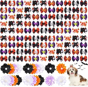 Xuniea 120 Pieces Halloween Dog Hair Bows Dog Bows with Rubber Bands Grooming Flower Bow for Dogs Yorkie Dog Hair Bows Rhinestone Pearl for Small Puppy Dog Hair Grooming Accessorie