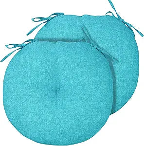 Outdoor Bistro Chair Cushion Set of 2, Waterproof Tufted Round Seat Cushion with Ties, 15"x15"x4" Patio Furniture Chair Pads for Home Garden Balcony Office-Aqua Blue