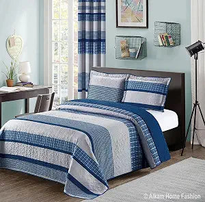 All American Collection Blue and Gray Modern Plaid 3-Piece Queen Bedspread and Pillow Sham Set | Matching Curtains Available!