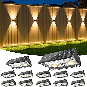 NIORSUN Solar Fence Lights Outdoor, 12 Pack Up and Down Waterproof Solar Wall Lights, Warm & Cool White + RGB, Fence Lights with Lens, Dusk to Dawn Lighting for Patio, Backyard, Pool, Railing (Black)