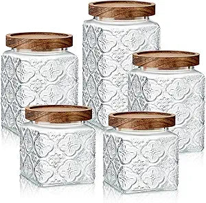 Gerrii 5 Pcs Vintage Glass Food Storage Containers 17/24/34 oz Glass Jar with Lid Airtight Candy Food Canisters for Kitchen Counter Pantry Coffee Beans(Clear,Begonia Square)