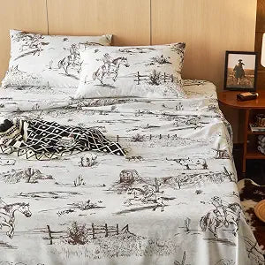Wake In Cloud - Western Bed Sheets, 4-Piece Sheet Set, Rustic Ranch Life with Cowboy Southwestern Vintage Country Pattern Printed, Deep Pocket, Beige Brown, Queen Size