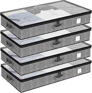 Fixwal Under Bed Storage Containers 4 Pack, Reinforced Underbed Organizer Below 4.5 Inches Low Profile Clothes Storage Bins with Sturdy Sidewalls and Bottom