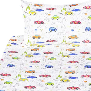 J-pinno Colourful Cars Trees Lakes Hills Trave Journey Cute Cartoon 100% Cotton 3 Pieces Twin Sheet Set for Kids Girls Boys Children Flat Sheet + Fitted Sheet + Pillowcase Bedding Decoration Gift Set