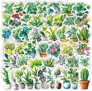 50Pcs Watercolor Potted Plant Stickers Pack for Plant Lovers Teens Adults, Waterproof Vinyl NoResidue Greenery Decals for Journal Planner Scrapbooking, Water Bottle Laptop Phone Case Luggage Computer
