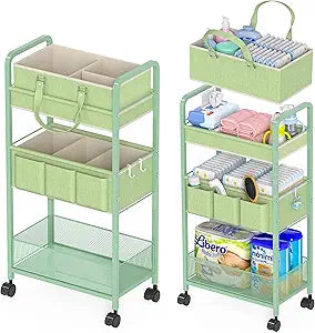 2in1 Baby Diaper Caddy Organizer Cart, 3-Tier Rolling Cart, Metal Diaper Caddy Carts, Bedside Carts for Nursery Essentials Storage, Detachable Dividers, Large Capacity, Green