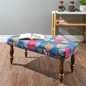 Desi Favors Blue Kantha Bench - Indian Cairo Wooden Bench - Handmade Kantha Cushioned Couch Furniture for Home Living Room Dining Table | Home Decor for Indian Ethnic Style - 16x36x16 Inch (Pack of 1)