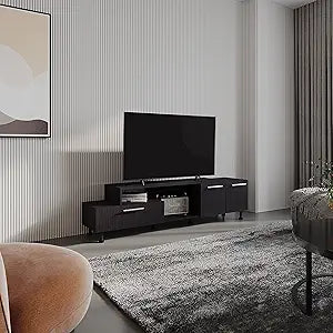 Tuhome Athol 69" Wide Modern Two-Tier TV Stand Black with Pull-Down Door Cabinet, Double-Door Storage, Two Open Shelves & Cable Management for Living Room Entertainment and Home Media Organization