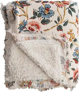 Creative Co-Op Woven Cotton Printed Throw with Sherpa Back and Fringe, Multicolor