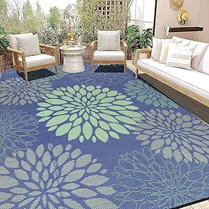 Ileading Waterproof Outdoor Rug 9x12, Reversible Plastic Straw Patio Rug, Portable Indoor Outdoor RV Camping Mat Carpet for Deck, Porch, Balcony, Backyard, Picnic, Floral Navy Blue