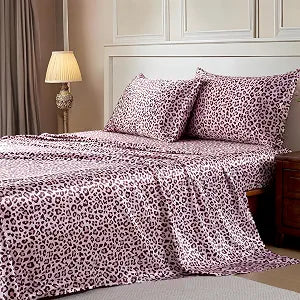 MR&HM Satin Bed Sheets with Elastic Corner Straps, Queen Size Sheets Set, 4 Pcs Silky Bedding Set with 15 Inches Deep Pocket for Mattress (Queen, Pink Leopard)