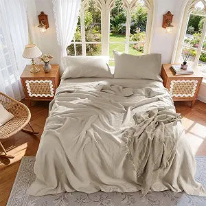 100% French Pure Linen Sheets Queen Size, Breathable and Durable for Hot Sleepers, Anti-Tear Soft Linen Bed Sheets, 16" Deep Pocket - 4 Piece (Linen,Queen)