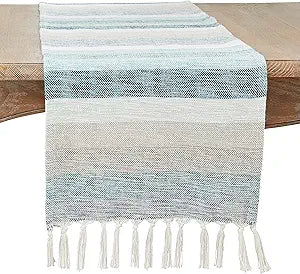 SARO LIFESTYLE Striped Table Runner with Fringe - Woven Cotton Blend Table Runner for Dining Table, Kitchen Table, Farmhouse and Rustic Home Dcor