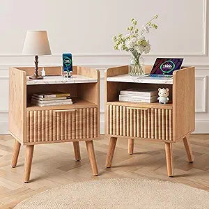 Fluted Nightstand Set of 2 with Charging Station, Modern Night Stand with Drawer Open Shelf & Adjustable Legs, Wood Side Table with Faux Marble Top, Bedside Table End Table for Living Room, Bedroom