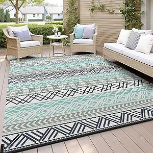 MontVoo Outdoor Rug Carpet Waterproof-Patio Rug Mat 6x9 Reversible RV Outdoor Camping Rugs Picnic Beach Mats Plastic Straw Outside Rugs for Balcony Porch Pool Deck Boho Patio Decor