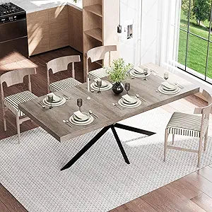 71" Extendable Dining Table for 6, Retro Rectangular Wood Top Farmhouse Space Saving Expandable Kitchen Tables with Storage Box, Grey
