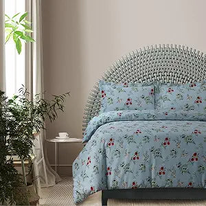 Tribeca Living Queen Cotton Flannel Duvet Cover Set - Oversized, Ayana Floral, 170 GSM, 3-Piece Luxury Bedding, Light Blue
