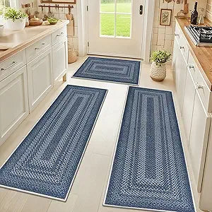 HEBE Washable Kitchen Rugs Sets of 3, Non Slip Absorbent Kitchen Rugs and Mats, Farmhouse Stain Resistant Faux Jute Kitchen Mat Carpet Runner for Kitchen Floor, Laundry Room, Hallway, Blue