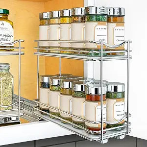 LYNK PROFESSIONAL Pull Out Spice Organization for Cabinets - 4-3/8 inch Wide Spice Rack for Inside Cabinets, Slide Out Spice Rack Organizer for cabinet Pull Out Spice Rack, Sliding 2 Tier Chrome