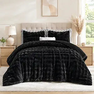 YIKUSH Black Comforter Set Queen - Luxurious Faux Fur Comforter for Winter, Fluffy Comforter Queen Set with 2 Pillowcases, Soft Warm Black Bedding Set