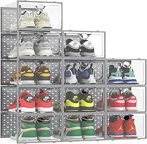 Pinkpum 12 Pack XXL Shoe Storage Box Fit for Size 14, Clear Plastic Stackable Shoe Organizer for Closet, Shoe Containers Sneaker Storage Clear and Grey