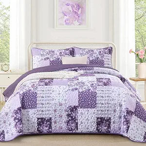 Anibedding Floral Patchwork Quilts Queen Size, Purple Flower Plaid Bedspreads with Double Pillowcases, 3Pieces Boho Farmhouse Floral Coverlet Set, Soft Lighweight Bedding Set for All Season