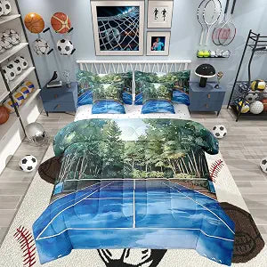 Tennis Court Comforter Set 7 Pieces,Watercolor Oil Painting Tennis Table Bed Set,Botanical Trees Bedding Bed in a Bag,Twin (1 Comforter,2 Pillowcase,2 Pillow Covers,1 Flat Sheet,1 Fitted Sheet)