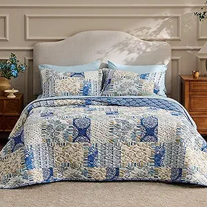 Bedsure Patchwork Quilt Queen Size, Reversible Boho Comforter Bedding, Blue