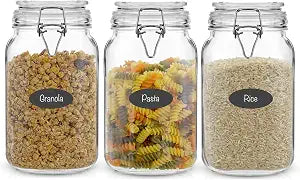 JoyJolt Airtight Glass Jars with Lids Set of 3. 50oz Glass Jar with Lid and 6 Silicone Seals! Med Glass Food Storage Containers. Square Mason Jar, Flour Jar, Candy or Cookie Jars for Kitchen Counter