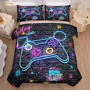 MWMWMW 5 Pcs Gaming Comforter Sets for Boys, Gamer Bedding Sets Twin for Kids, Twin Size Comforter Set for Boys Kids with 1 Comforter, 1 Flat Sheet, 1 Fitted Sheet and 2 Pillowcases