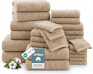 24-Piece 100% Cotton Towels and Washcloths Set 2 Bath Sheets, 2 Bath, 2 Gym Towel, 4 Fingertip, 6 Hand, 8 Washcloths, Stays Plush After Washes, Ideal for Spa, Hotel & Family Bathrooms - Beige