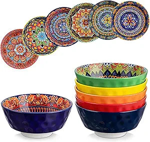 vancasso Boho Cereal Bowls Set of 6, 26 oz Ceramic Soup Bowls with Colorful Bohemian Pattern, Microwave & Dishwasher Safe Serving Bowls for Salad, Oatmeal, Pasta, KRVI Series