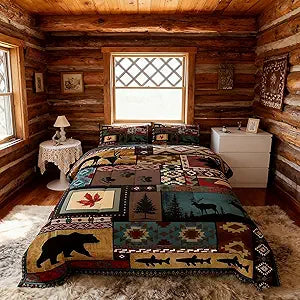 Rustic Cabin Bedding Comforter Sets Queen Size, Lodge Bear Bedding Sets, Southwestern Quilt Duvet Moose Deer Country Farmhouse Animal Wildlife Hunting Brown Patchwork Plaid Quilt, 2 Pillowcases