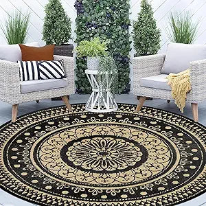 Cekene Round Outdoor Rugs for Patio 8Ft Waterproof Reversible Outdoor Patio Rugs Black Lightweight Plastic Straw Rugs Portable RV Camping Mat Floor Carpet for Deck Porch Picnic BBQ