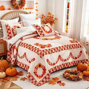 EVENHUG Fall Quilt Queen Size Thanksgiving Bedding Sets with Pillow Shams Lightweight Floral Pumpkin Bedspread Coverlet Soft Bed Cover for Festival Home Decorations 3 Pieces (92"x96")
