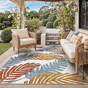GENIMO Outdoor & Indoor Area Rug 5'x8', Waterproof, Non-Shedding, Easy Cleaning, Leaf Mat for Patio, Living Room, Balcony, Dining Room, RV, Deck, Bedroom, Camping, Outside Carpet, Tropical Rust