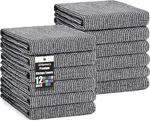 Homaxy Premium Kitchen Towels(18x 28, 12 Pack), Large Cotton Kitchen Hand Towels, Flat and Terry Dish Towels, 380 GSM Highly Absorbent Tea Towel Set with Hanging Loop, Black